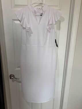 New York & Company White V-Notch Ruffle Sleeve Midi Dress